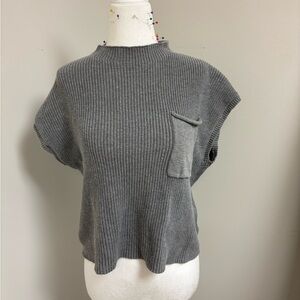 Gray Sleeveless Ribbed Knit Top with Front Pocket